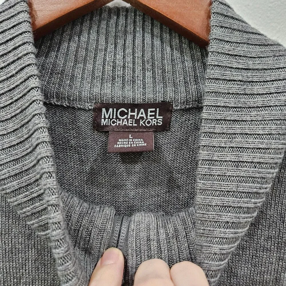 Michael Kors Mens Wool Blend Full Zip Sweater Size L Grey Pockets Warm Neutral